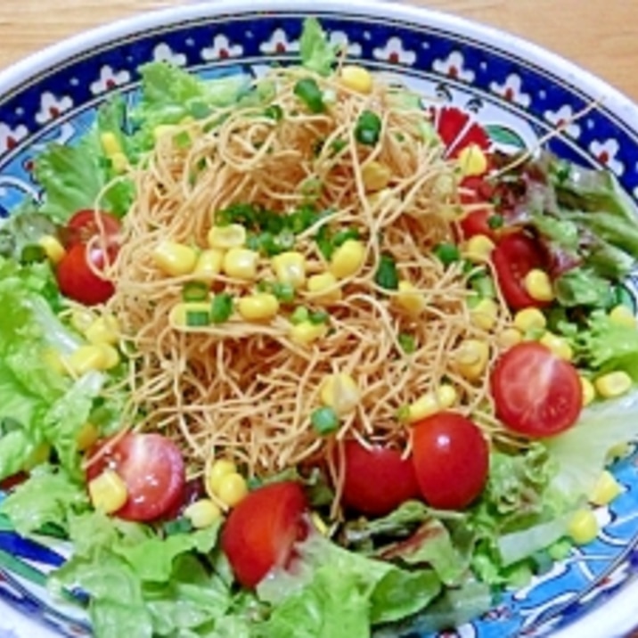 皿うどんのパリパリ麺を使った、パリ麺サラダ。